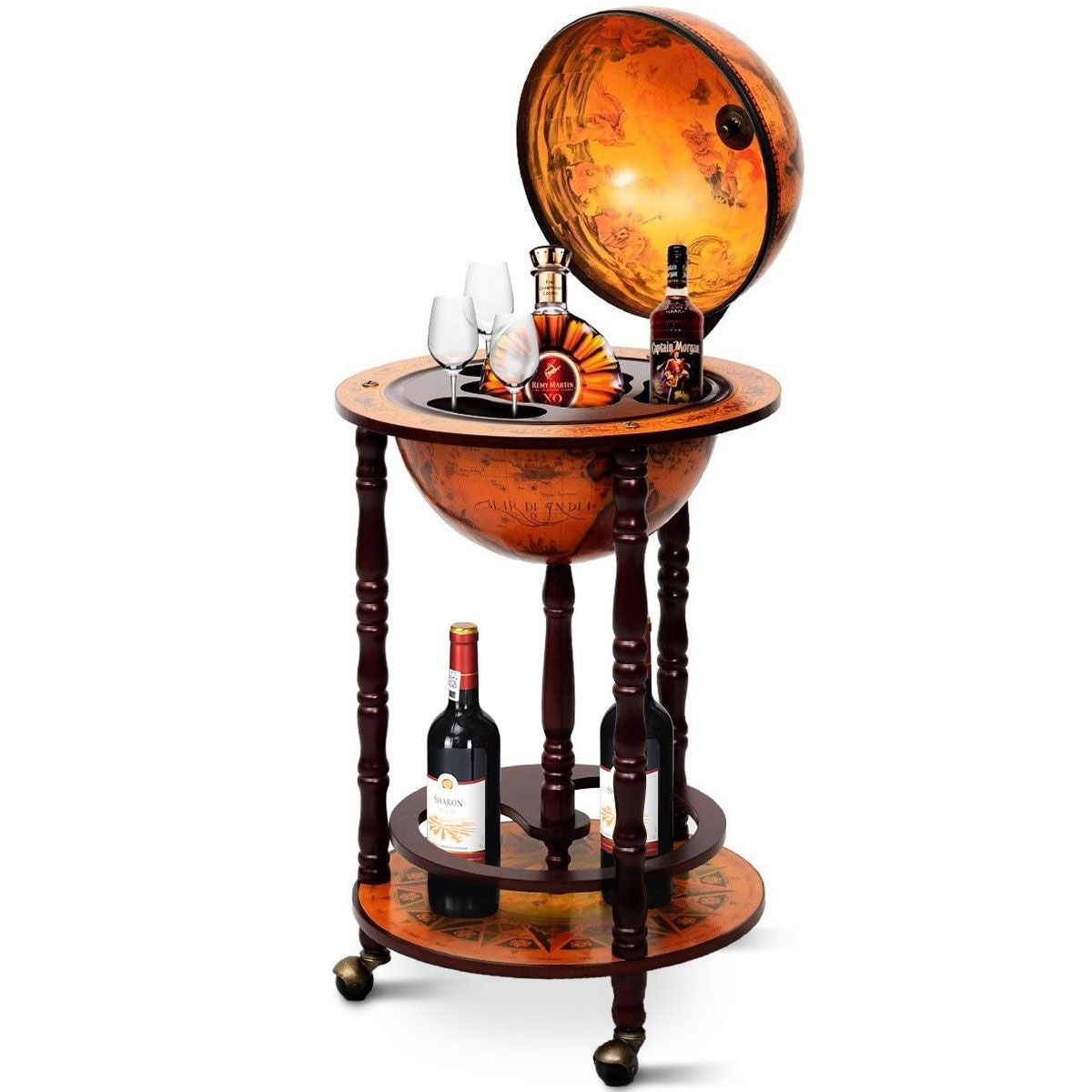 Mappamondo Mobile Porta Liquori Design Innovativo E Pratico, Mobile Bar per Il Vino Con Ruote 88X45X45Cm Marrone