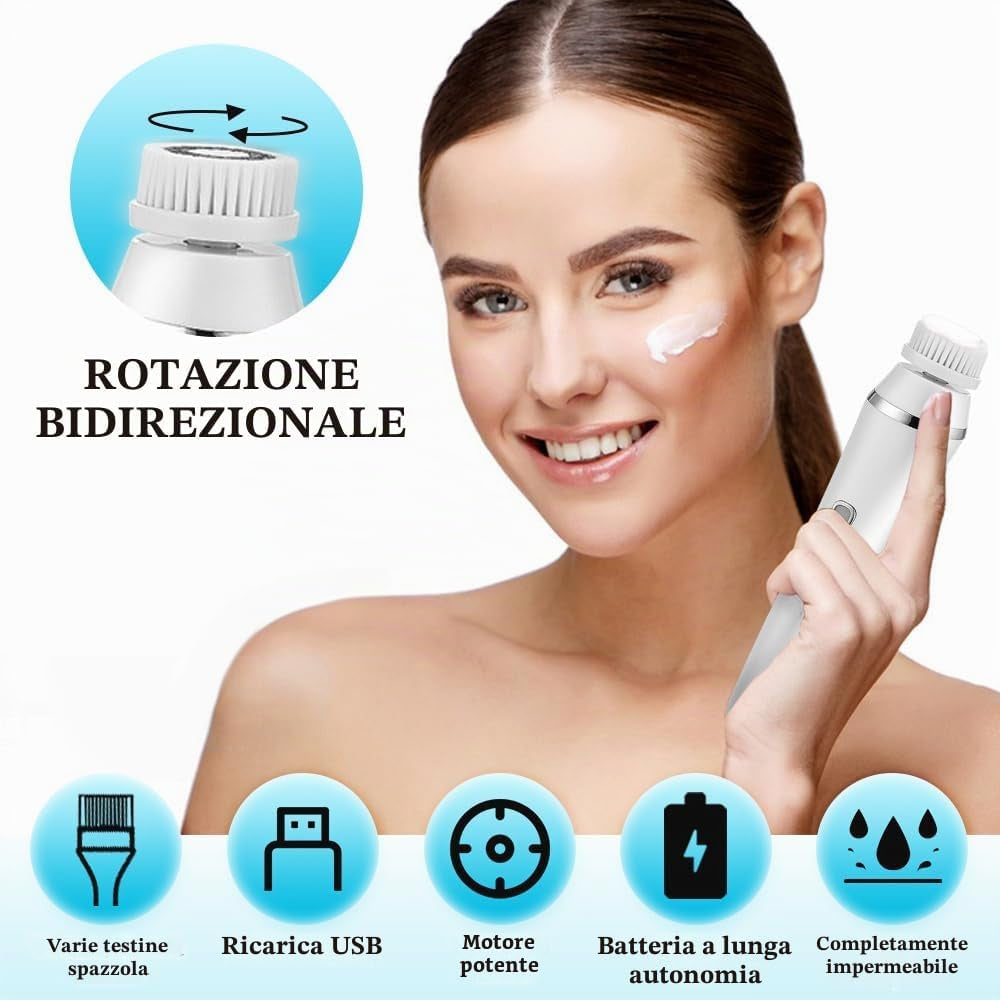 Spazzola Pulizia Viso Elettrica, Ricaricabile 4-In-1 Spazzola per La Pulizia Del Viso Impermeabile IPX7 Massaggiatore Viso Spazzola Pulizia Viso per Ogni Tipo Di Pelle per Pulizia Viso