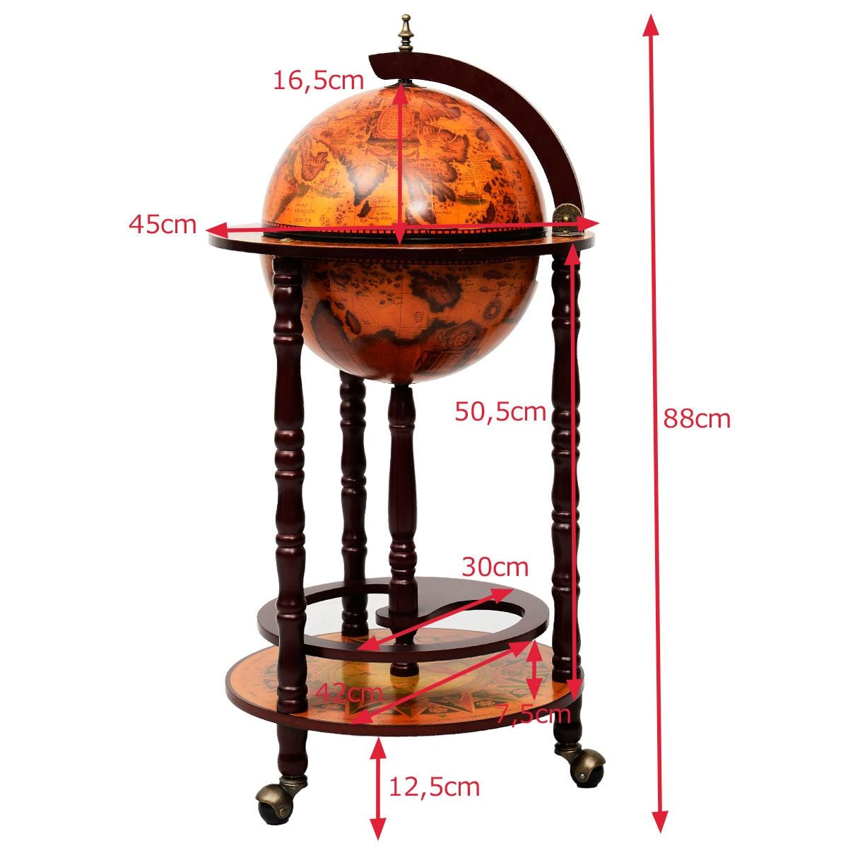 Mappamondo Mobile Porta Liquori Design Innovativo E Pratico, Mobile Bar per Il Vino Con Ruote 88X45X45Cm Marrone