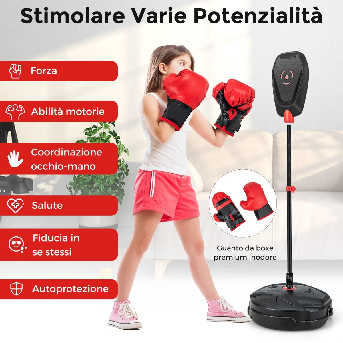 Set Da Boxe Con Sacco Da Pugilato Guanti Da Boxe, Giocattolo Da Boxe Regolabile in 6 Posizioni per Bambini 5 Anni+
