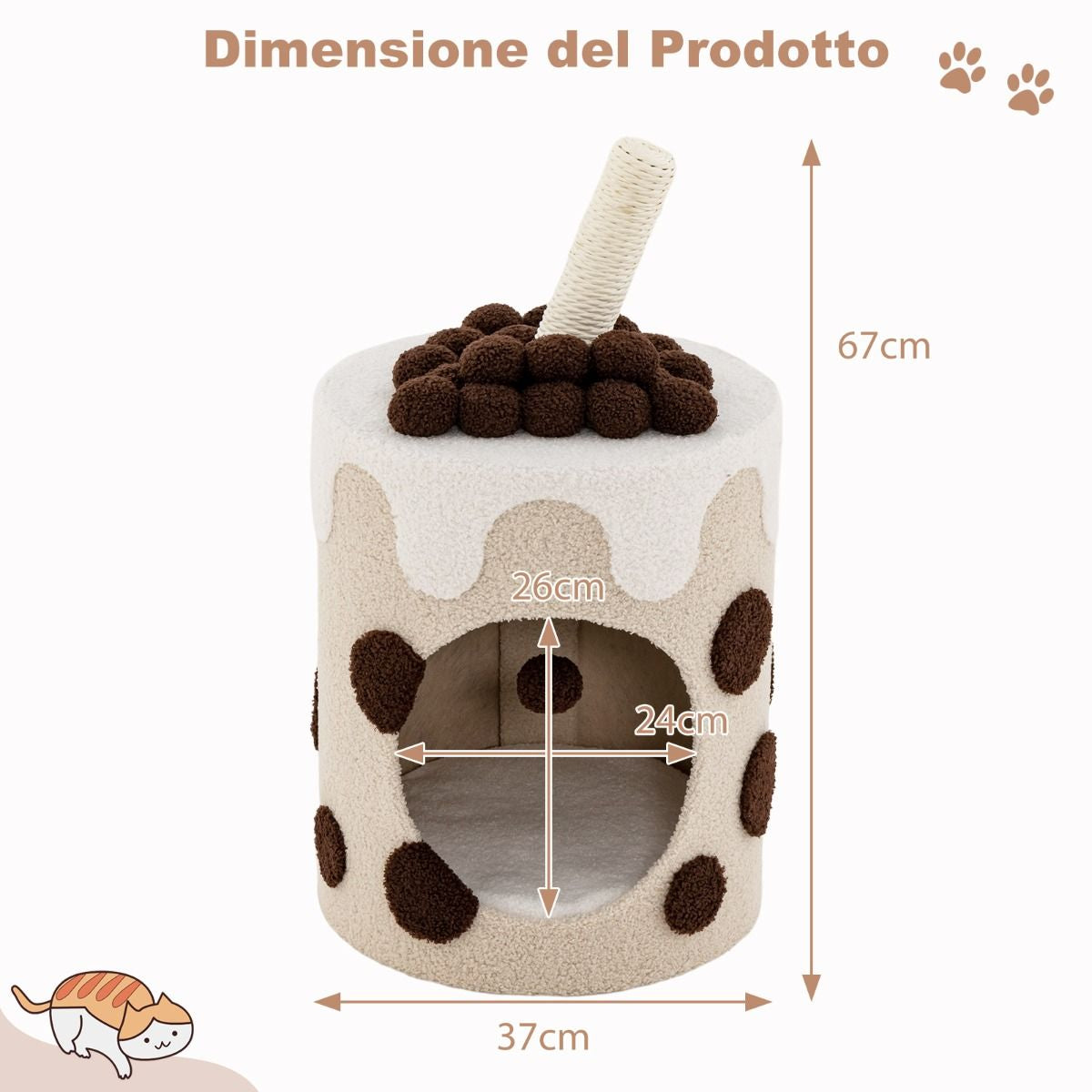 Albero per Gatti a Forma Di Bubble Tea, Mobile per Gatti Con Tiragraffi in Sisal Palline Appese 2 Colori