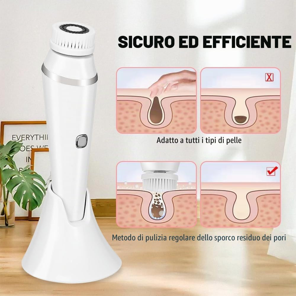 Spazzola Pulizia Viso Elettrica, Ricaricabile 4-In-1 Spazzola per La Pulizia Del Viso Impermeabile IPX7 Massaggiatore Viso Spazzola Pulizia Viso per Ogni Tipo Di Pelle per Pulizia Viso
