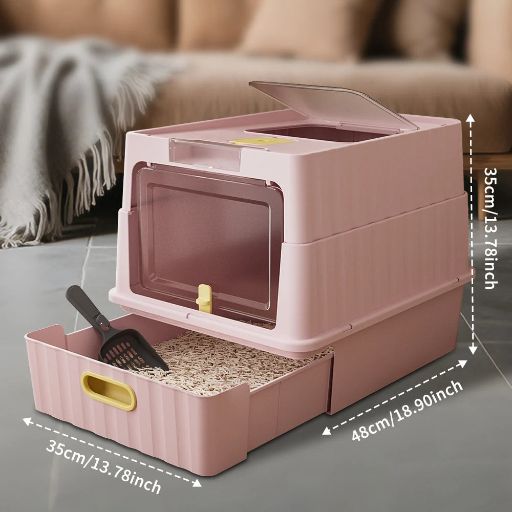 Dual Opening Fully Enclosed Cat Litter Box, Top Entry Anti-Tracking Design, Oversized Space Cat Potty with Cleaning Scoop