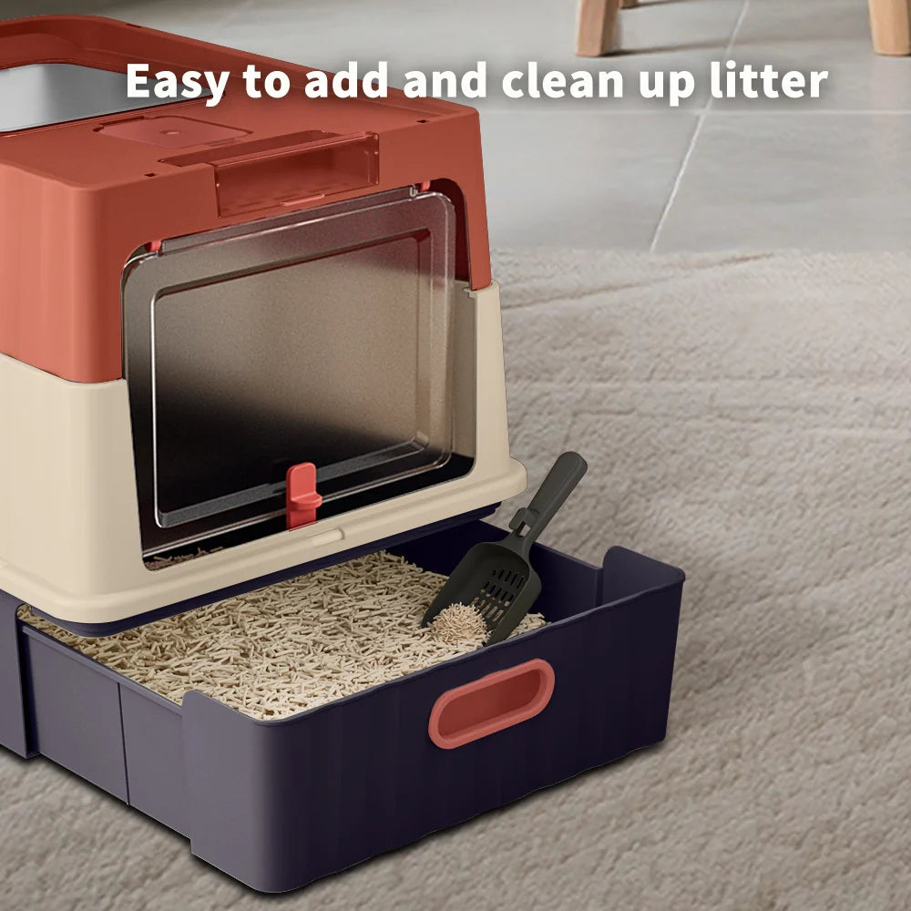 Dual Opening Fully Enclosed Cat Litter Box, Top Entry Anti-Tracking Design, Oversized Space Cat Potty with Cleaning Scoop