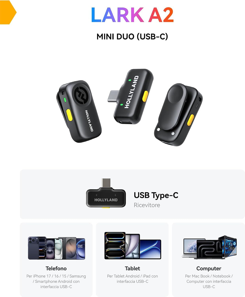 LARK A2 Mini Duo Wireless Microphone System - Perfect for iPhone/Android, Plug & Play, Rich Audio for Vlogs and Streaming, 200M Range, AI Noise Cancellation, 14H Battery Life