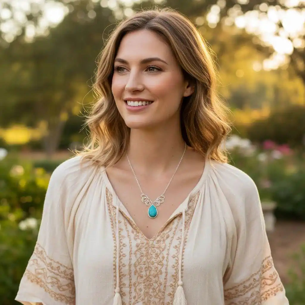 As Seen on TV Turquoise Drop Sterling Silver Wire Wrapped Necklace