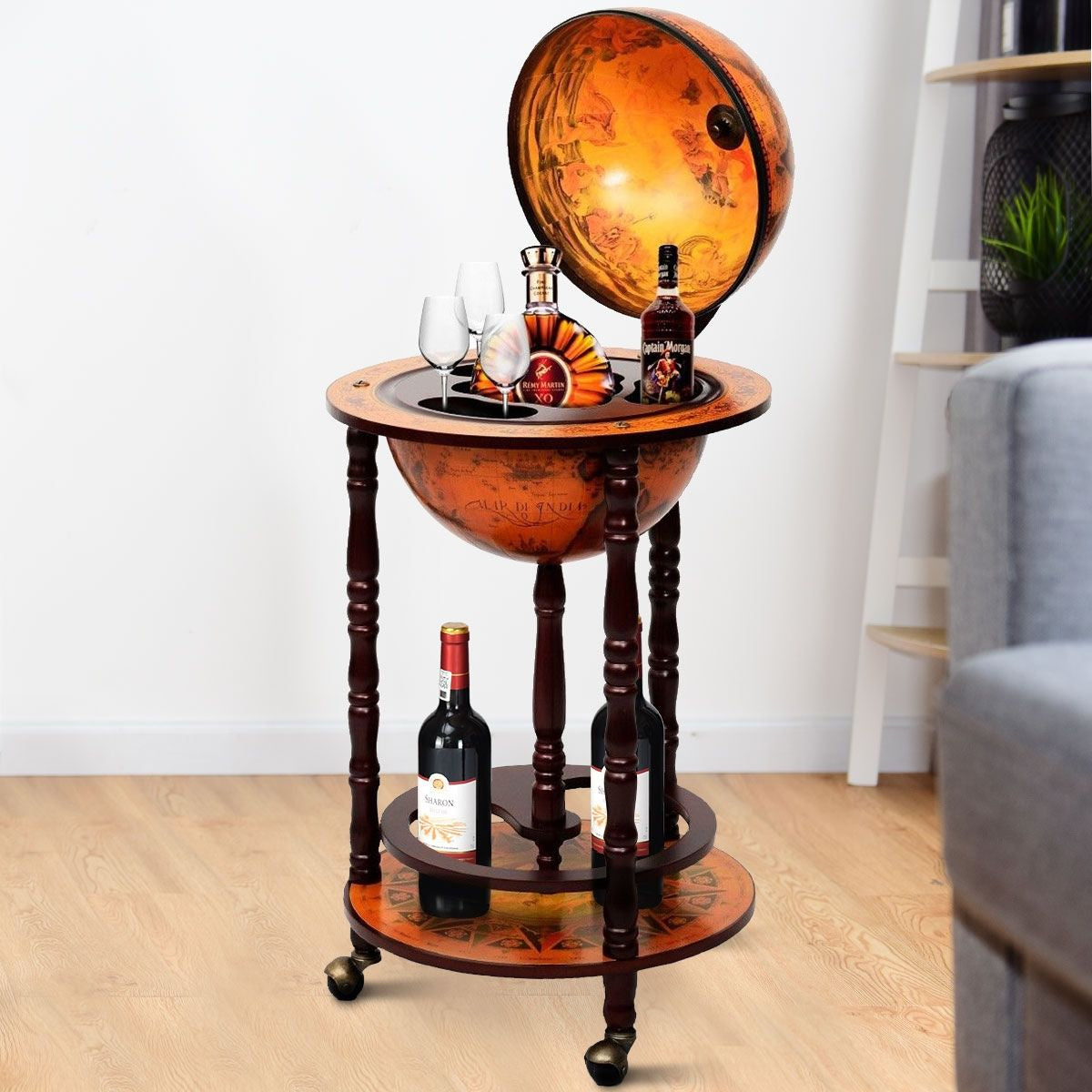 Mappamondo Mobile Porta Liquori Design Innovativo E Pratico, Mobile Bar per Il Vino Con Ruote 88X45X45Cm Marrone