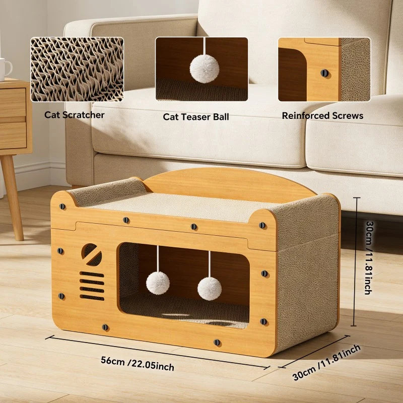 56Cm Double Layer Upgraded Cat Scratcher Sofa, TV Shape Cat Bed with 2 Teaser Balls, for Large Cats up to 20Lbs