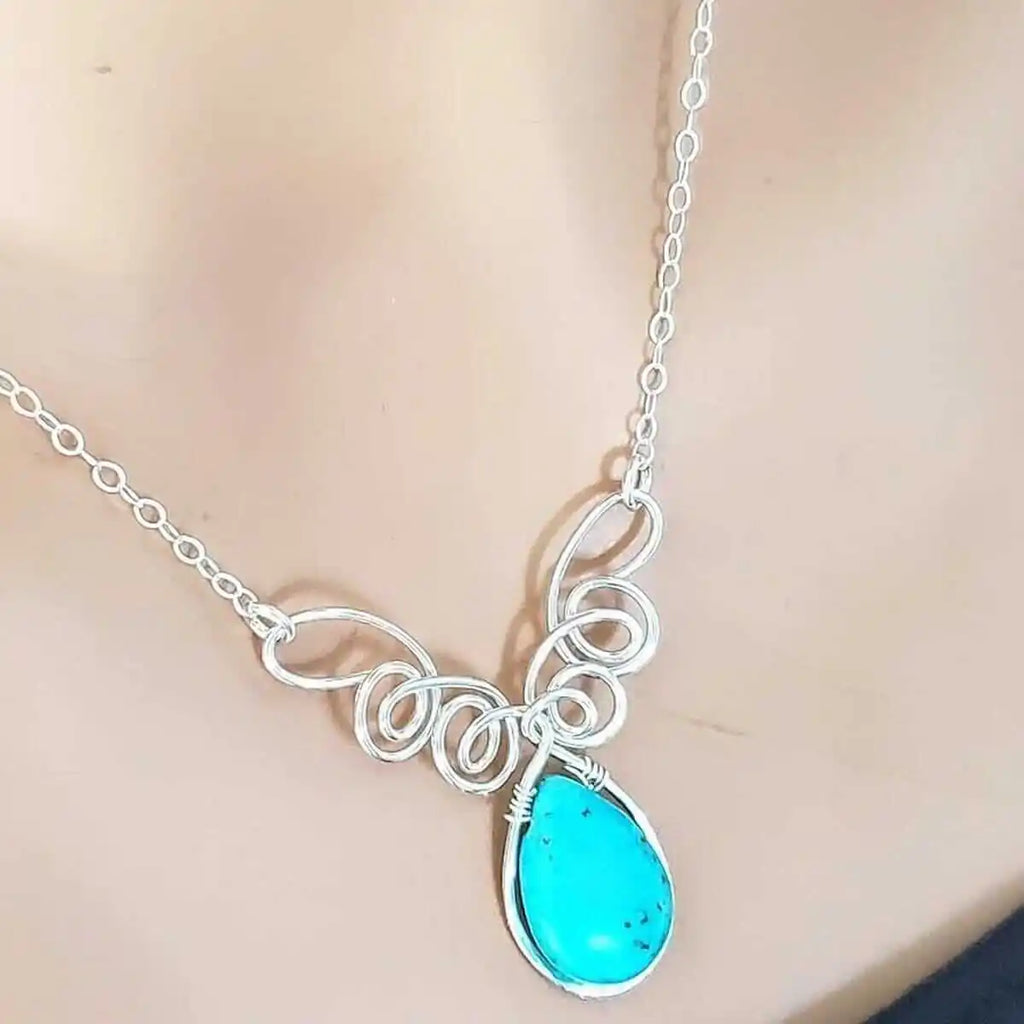 As Seen on TV Turquoise Drop Sterling Silver Wire Wrapped Necklace
