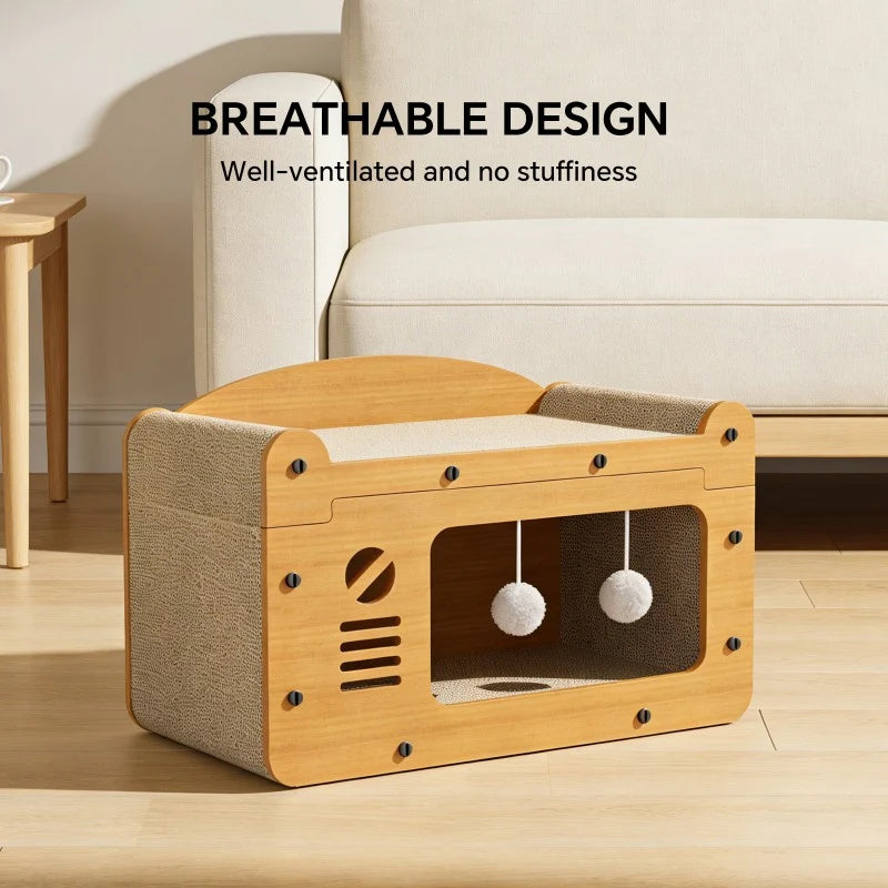 56Cm Double Layer Upgraded Cat Scratcher Sofa, TV Shape Cat Bed with 2 Teaser Balls, for Large Cats up to 20Lbs