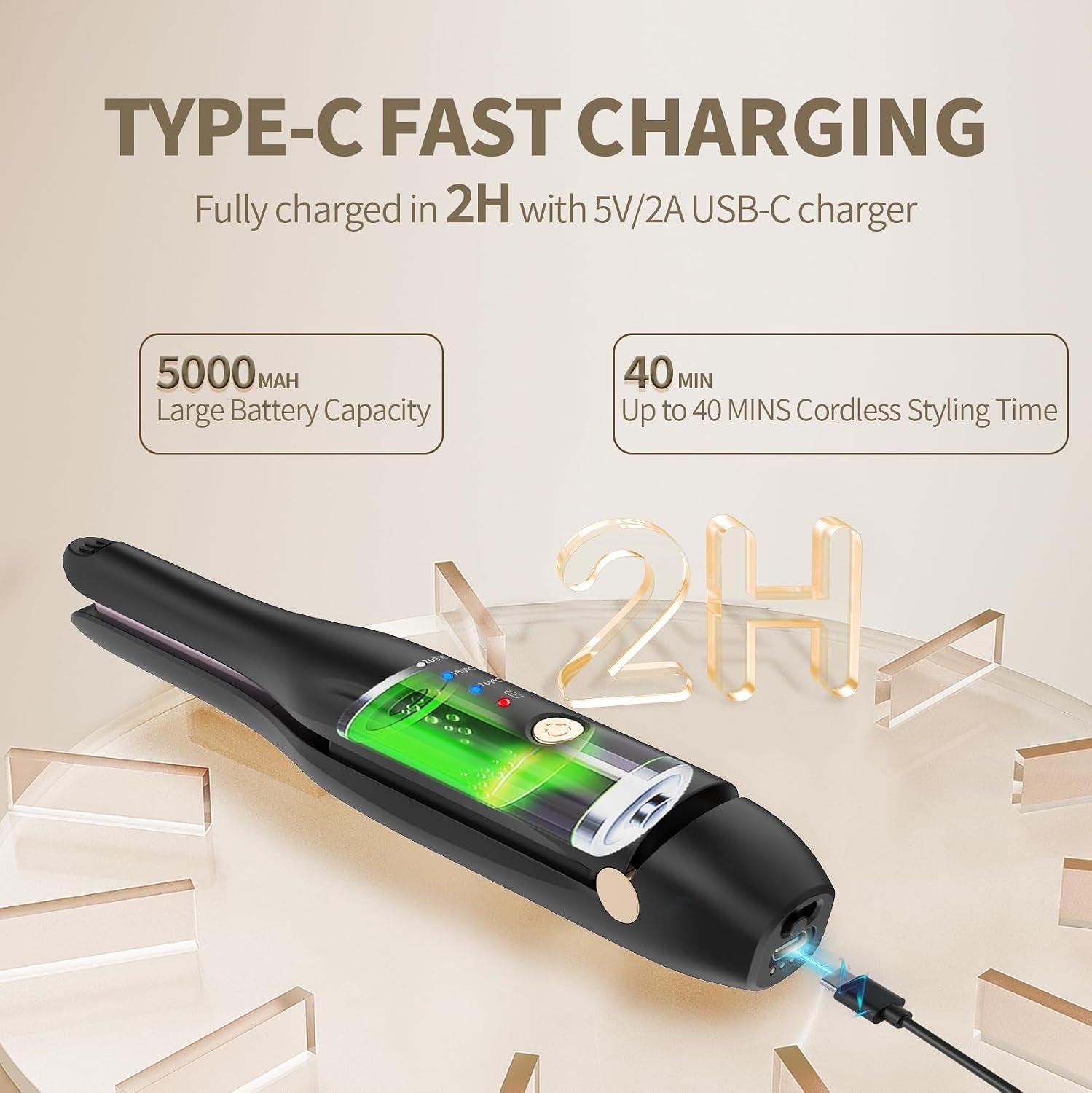 Piastra per Capelli a Batteria, Piastra in Ceramica Con Clip per Lo Styling, Arricciacapelli Portatile 2 in 1 Con Caricatore Di Tipo C E Stazione Di Ricarica per Parrucchieri, Casa E Viaggio (Nero)