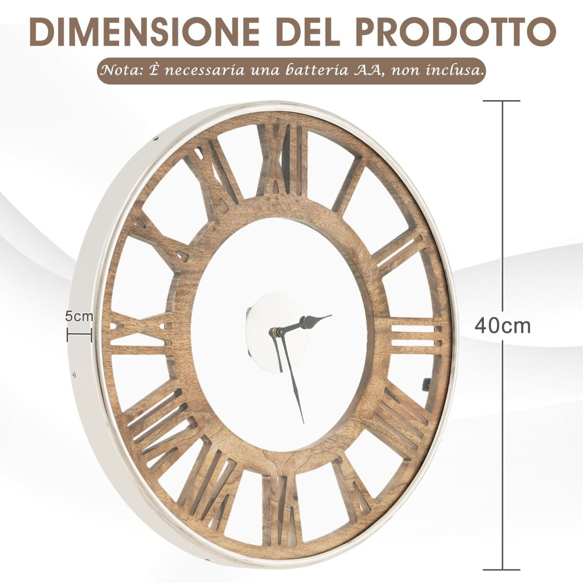 Orologio Da Parete Silenzioso Con Numeri Romani Copertura in Vetro, Orologio Da Muro Senza Ticchetti Decorativo 2 Dimensioni