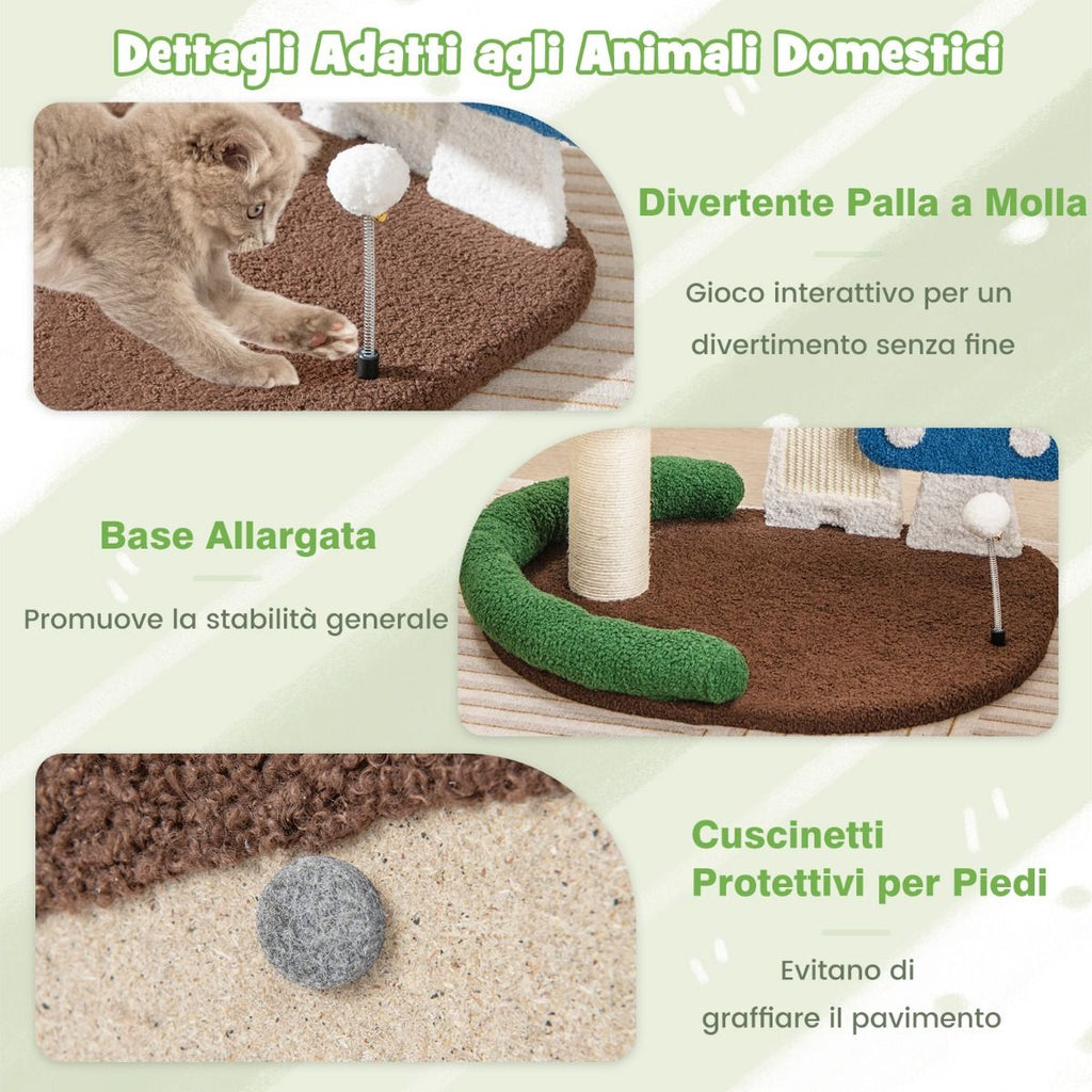 Albero per Gatti 4-In-1 Con Condo E Piattaforma Palo Avvolto in Sisal, Torre per Gattini a Forma Di Fungo Colorato