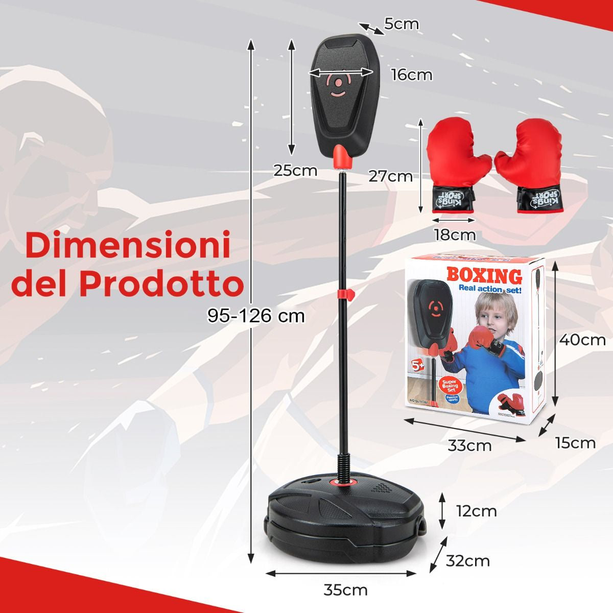 Set Da Boxe Con Sacco Da Pugilato Guanti Da Boxe, Giocattolo Da Boxe Regolabile in 6 Posizioni per Bambini 5 Anni+