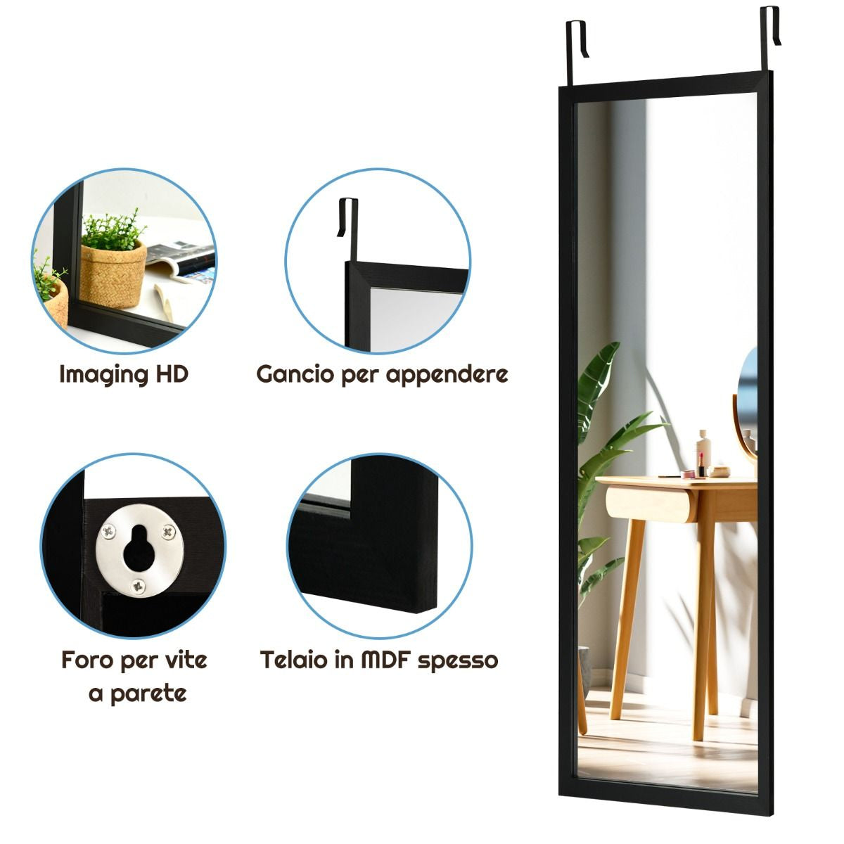 Specchio a Figura Intera Sulla Porta O Sul Muro, Specchio per Camera Da Letto Salone Spogliatoio 120X37Cm Nero