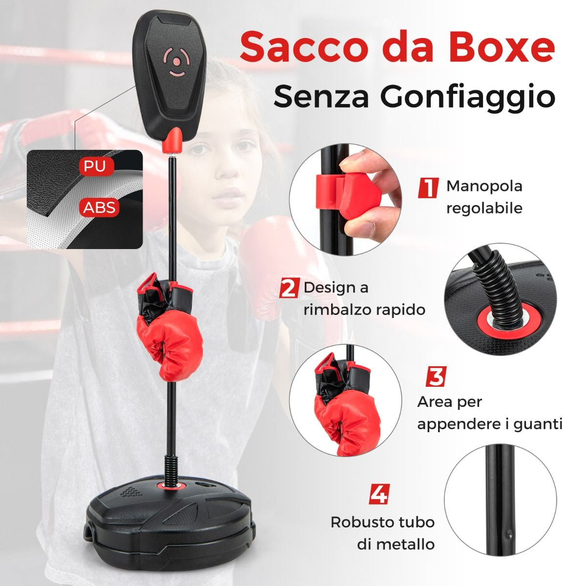 Set Da Boxe Con Sacco Da Pugilato Guanti Da Boxe, Giocattolo Da Boxe Regolabile in 6 Posizioni per Bambini 5 Anni+