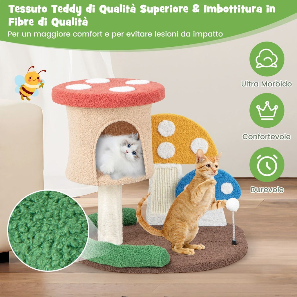 Albero per Gatti 4-In-1 Con Condo E Piattaforma Palo Avvolto in Sisal, Torre per Gattini a Forma Di Fungo Colorato