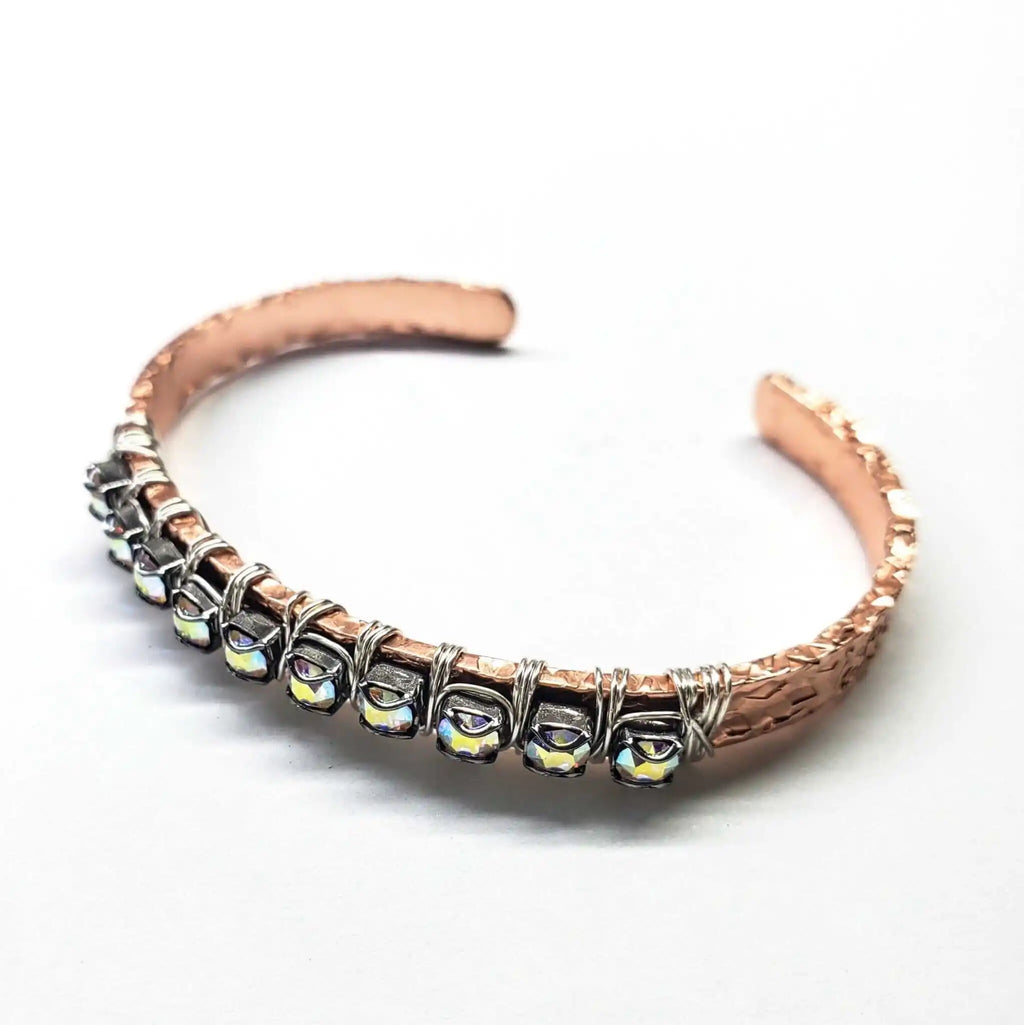 Elevate Your Style with the Dazzling Silver Wire Wrapped Crystal Textured Copper Cuff Set
