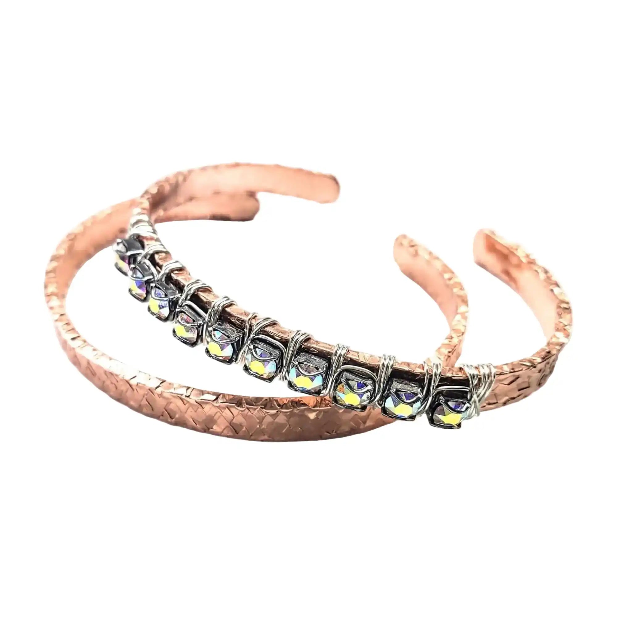Elevate Your Style with the Dazzling Silver Wire Wrapped Crystal Textured Copper Cuff Set
