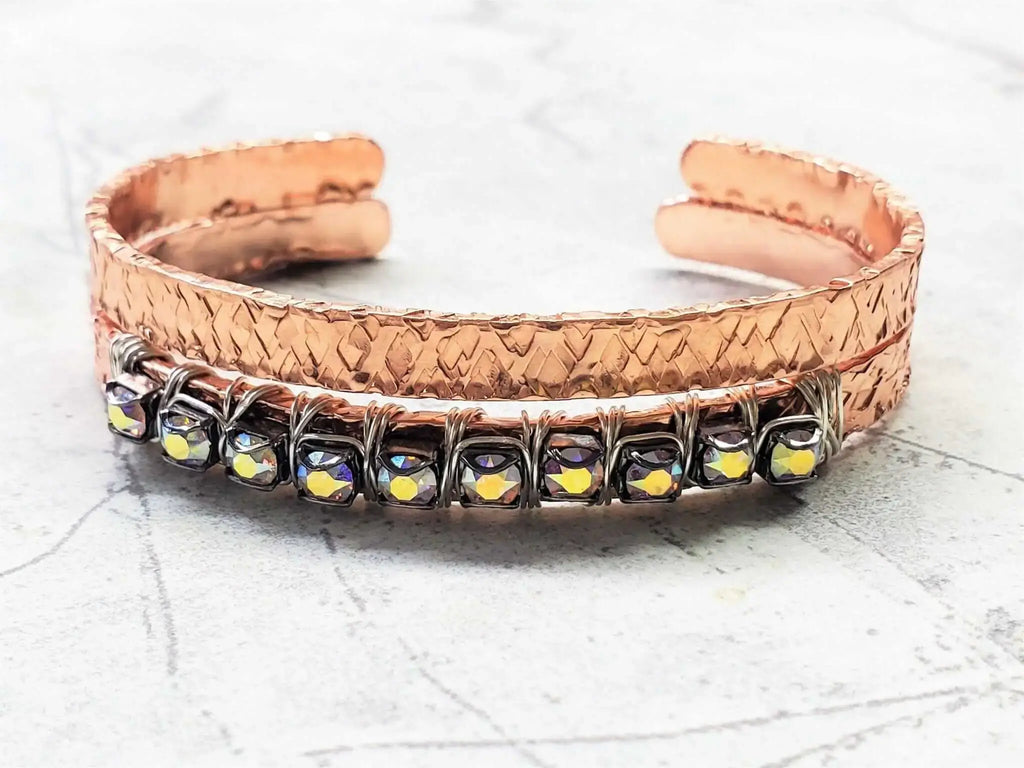 Elevate Your Style with the Dazzling Silver Wire Wrapped Crystal Textured Copper Cuff Set