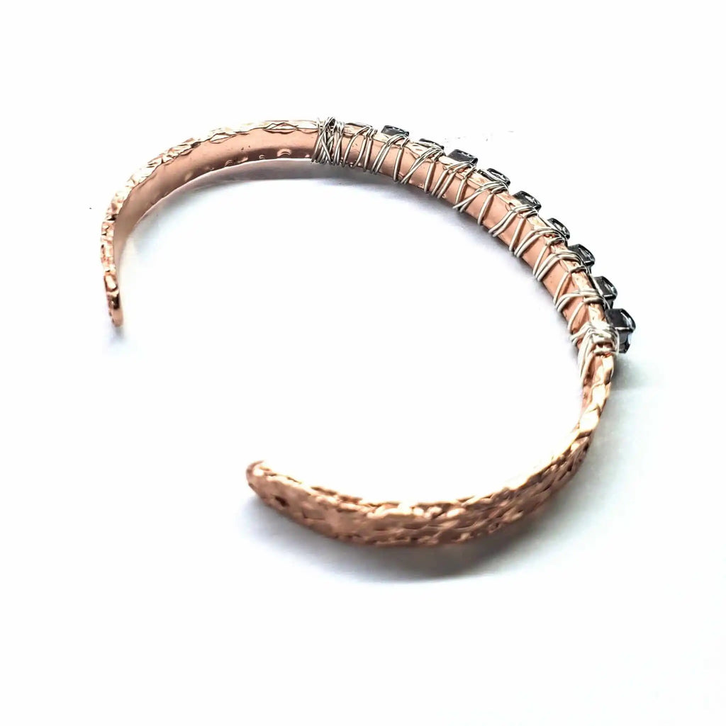 Elevate Your Style with the Dazzling Silver Wire Wrapped Crystal Textured Copper Cuff Set
