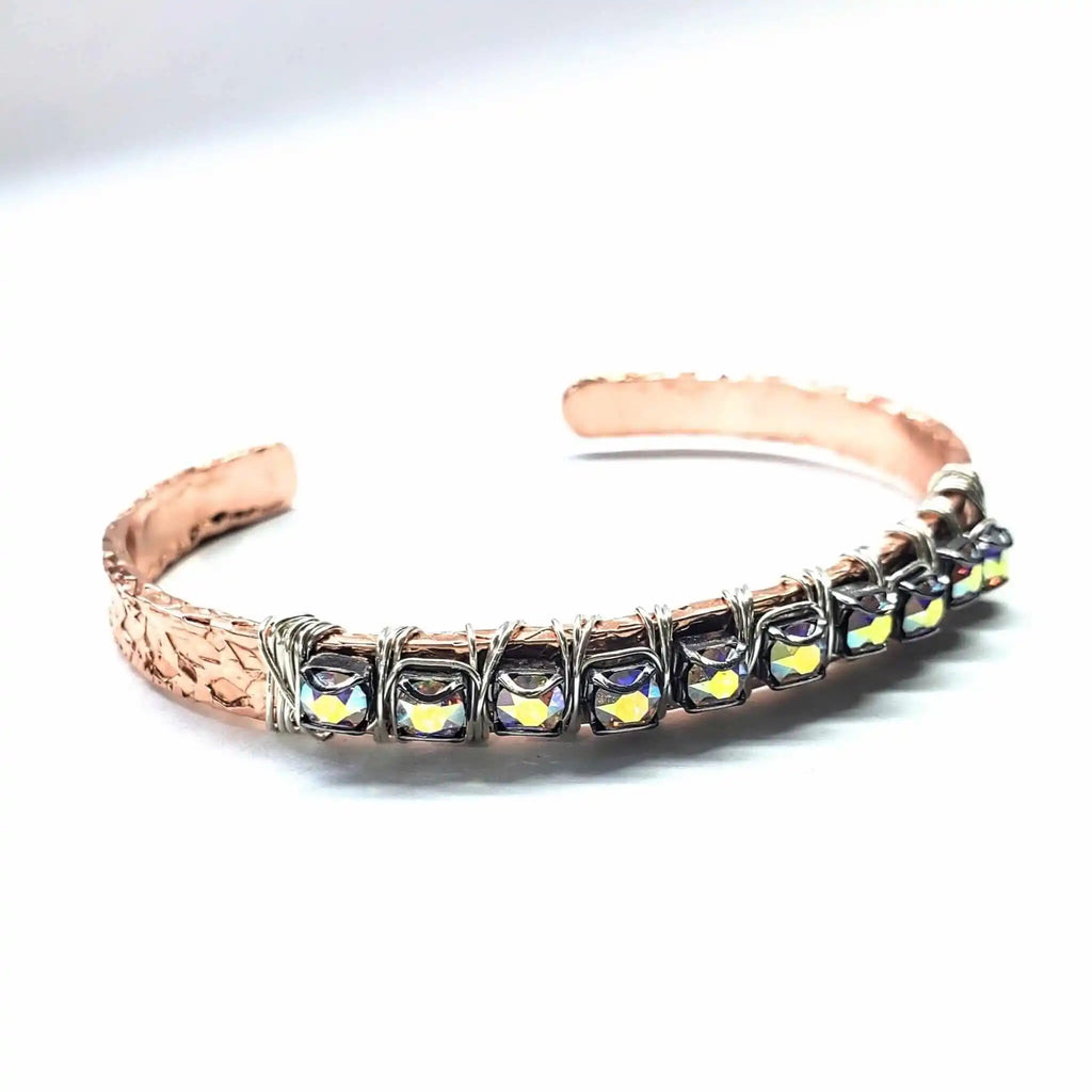 Elevate Your Style with the Dazzling Silver Wire Wrapped Crystal Textured Copper Cuff Set