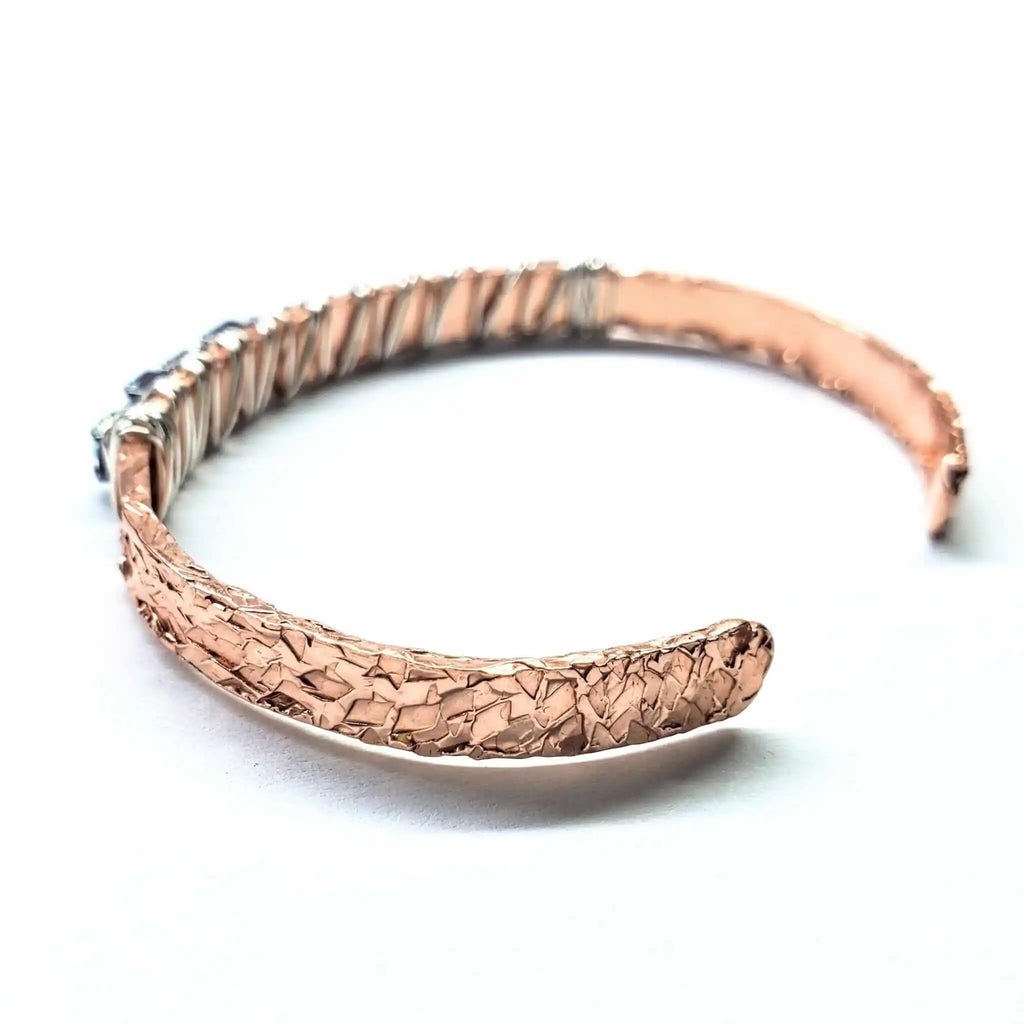 Elevate Your Style with the Dazzling Silver Wire Wrapped Crystal Textured Copper Cuff Set