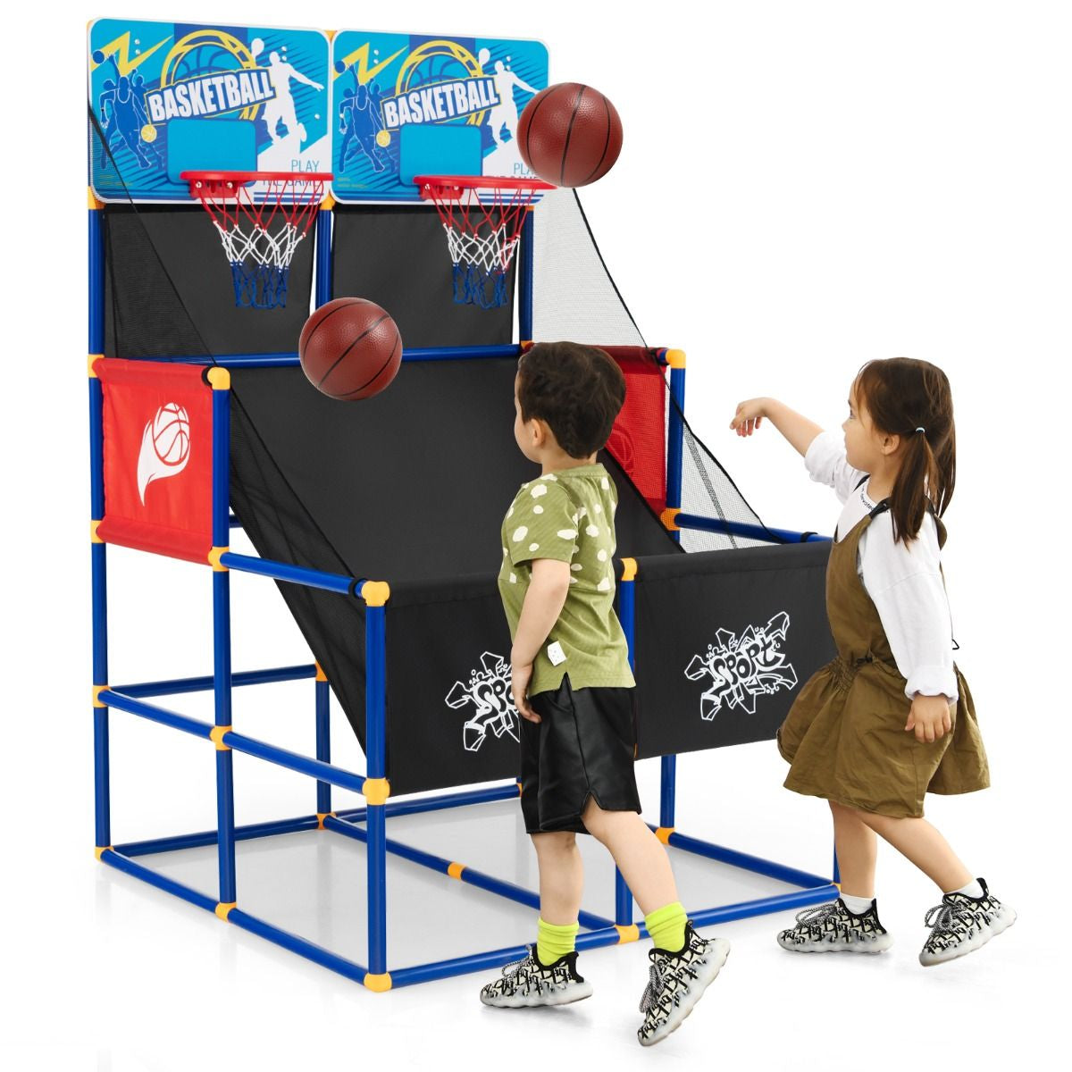 Gioco Arcade Di Pallacanestro Con 4 Palline E Pompa Di Gonfiaggio, Pallacanestro a Doppio Tiro per Bambini