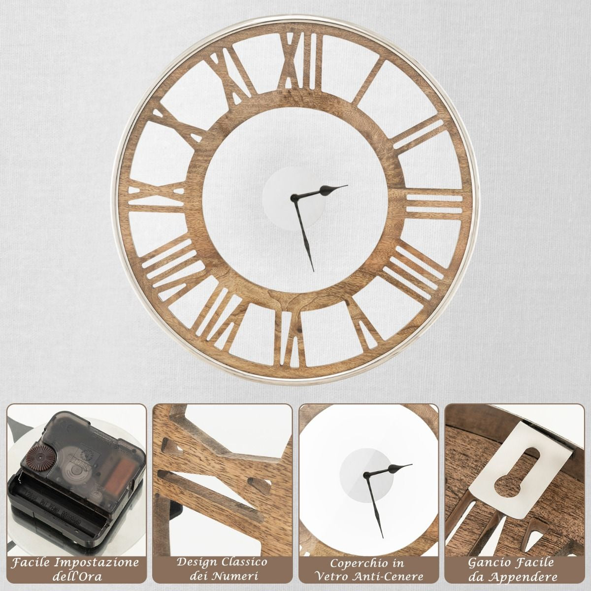 Orologio Da Parete Silenzioso Con Numeri Romani Copertura in Vetro, Orologio Da Muro Senza Ticchetti Decorativo 2 Dimensioni