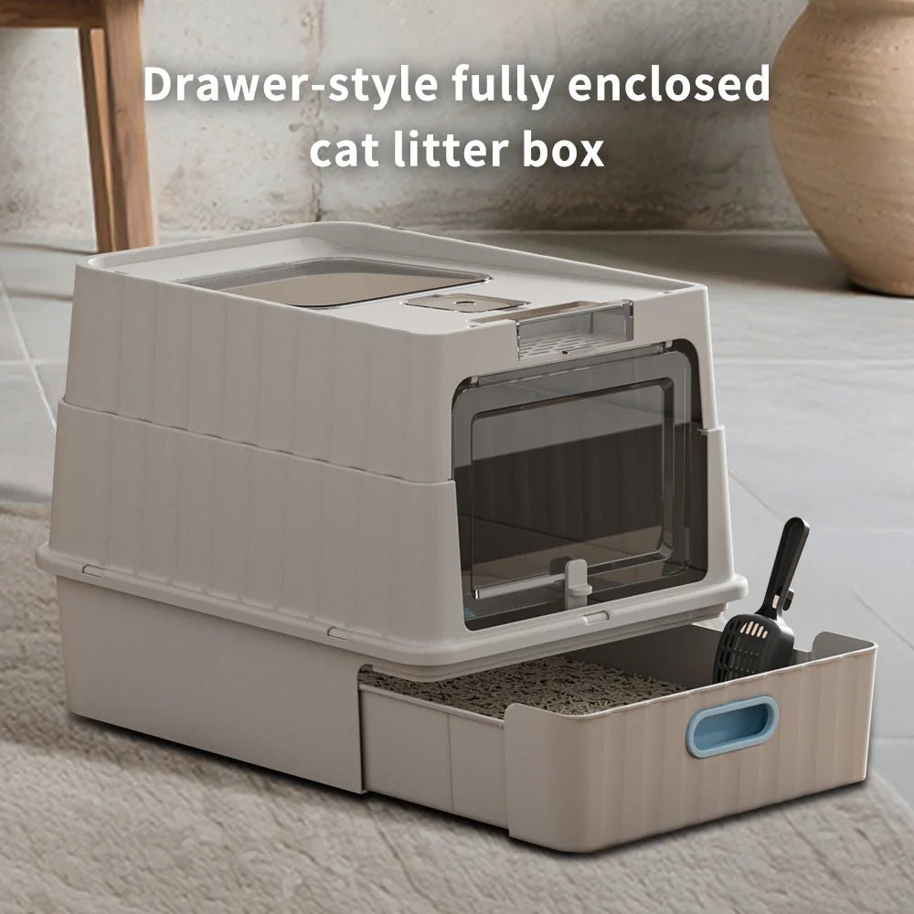 Dual Opening Fully Enclosed Cat Litter Box, Top Entry Anti-Tracking Design, Oversized Space Cat Potty with Cleaning Scoop