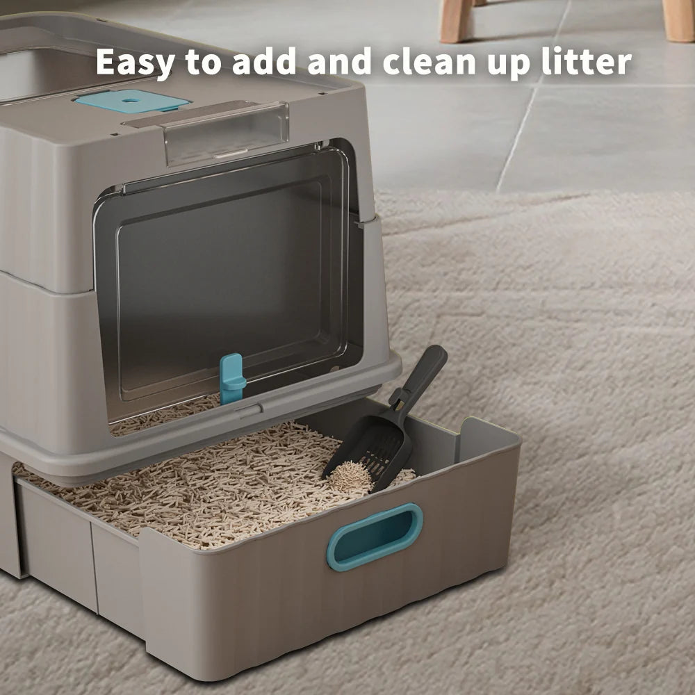 Dual Opening Fully Enclosed Cat Litter Box, Top Entry Anti-Tracking Design, Oversized Space Cat Potty with Cleaning Scoop