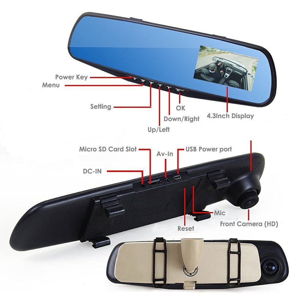 SPECCHIETTO RETROVISORE TELECAMERA AUTO MONITOR DVR VIDEO AUDIO REGISTRATORE HD