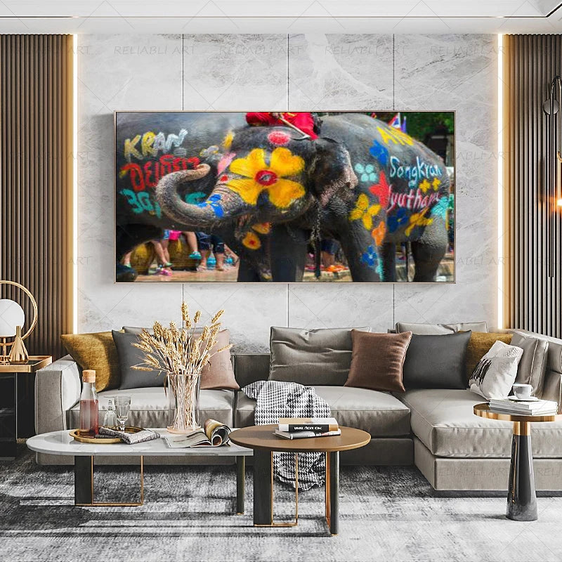 Colorful Elephant Animal Posters Oil Painting Printed on Canvas Wall Art Pictures for Living Room Hoom Decor Horse Lion Birds