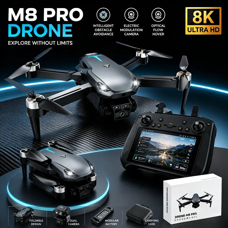 2026 Foldable M8 Pro Drone, 8K UHD EIS Anti-Shake Camera, GPS, 5G Wifi FPV, Intelligent Obstacle Avoidance, Auto Return, 360° Stunt Roll, 2 Batteries, for Adults Beginners Aerial Photography