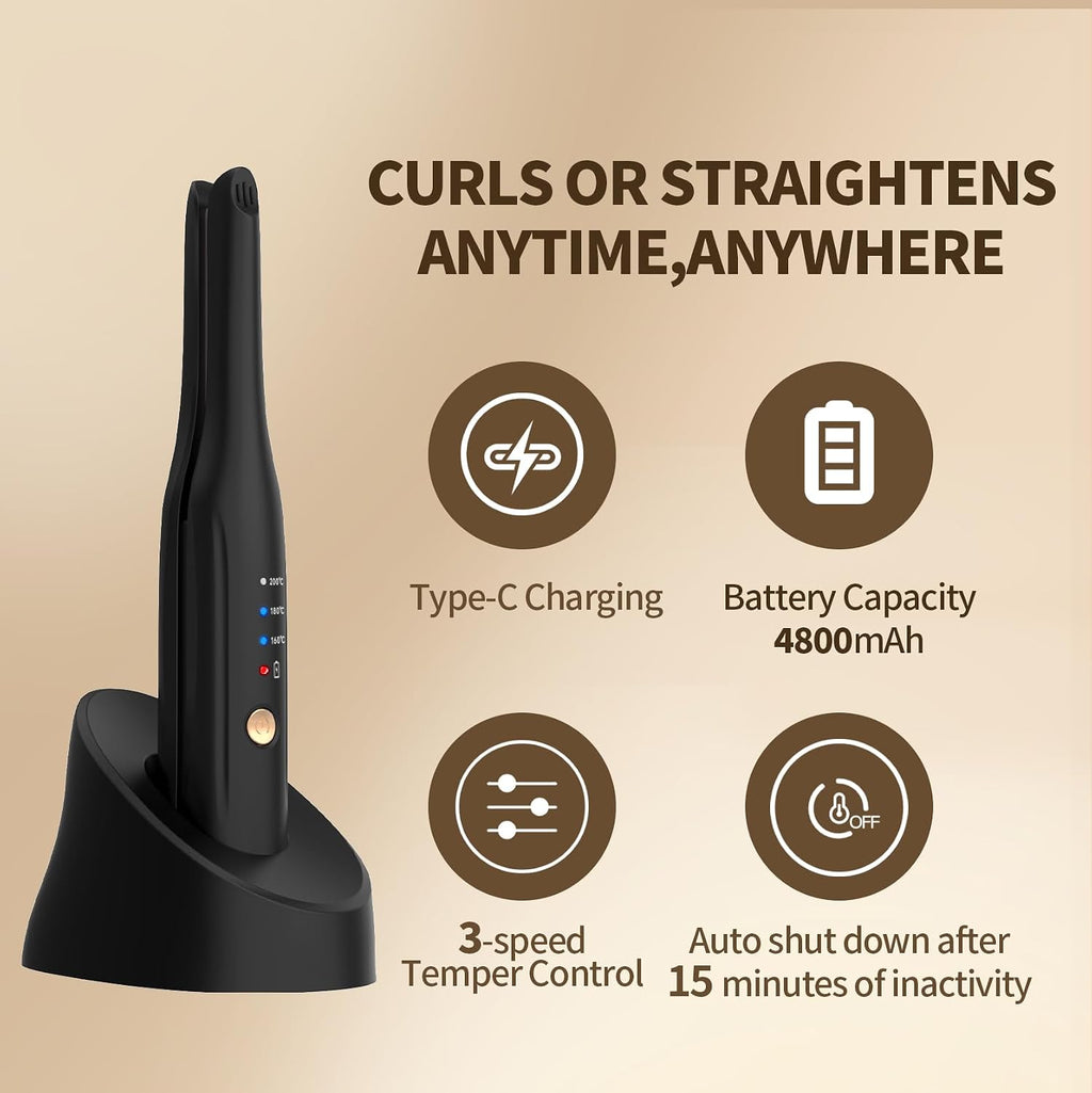 Piastra per Capelli a Batteria, Piastra in Ceramica Con Clip per Lo Styling, Arricciacapelli Portatile 2 in 1 Con Caricatore Di Tipo C E Stazione Di Ricarica per Parrucchieri, Casa E Viaggio (Nero)