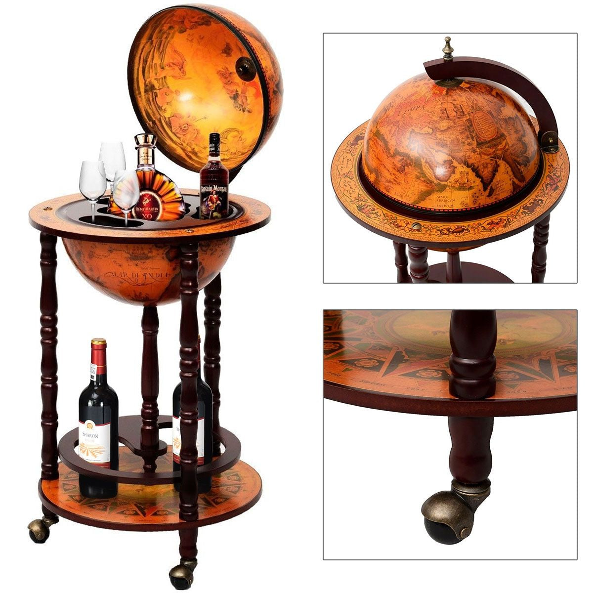 Mappamondo Mobile Porta Liquori Design Innovativo E Pratico, Mobile Bar per Il Vino Con Ruote 88X45X45Cm Marrone