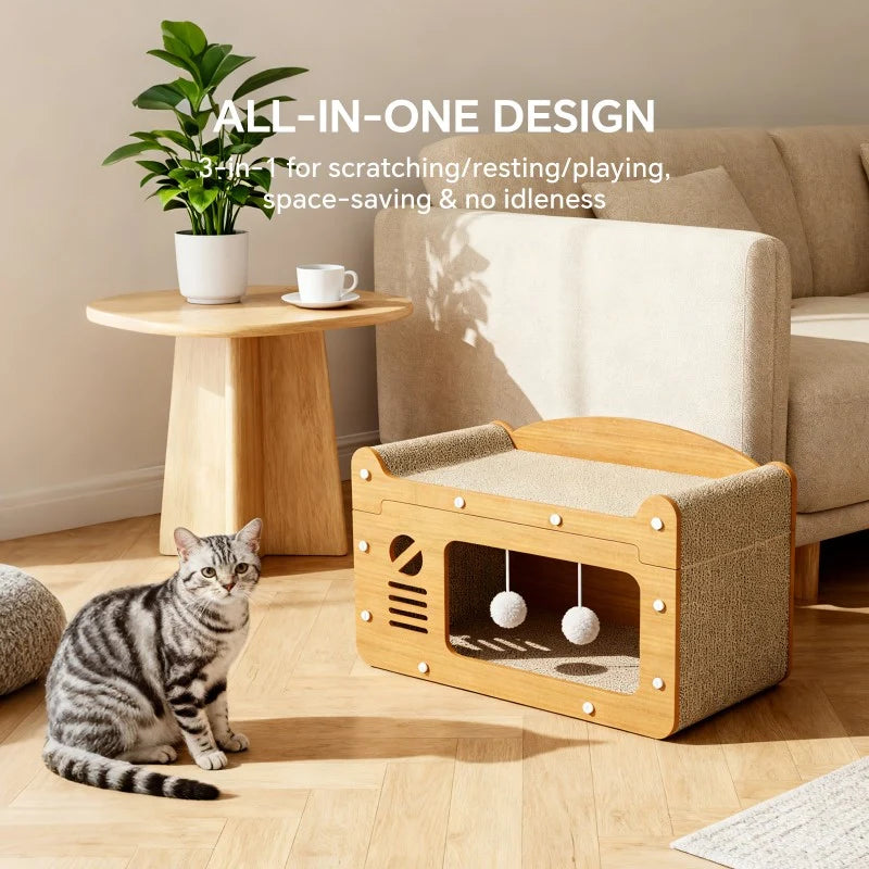 56Cm Double Layer Upgraded Cat Scratcher Sofa, TV Shape Cat Bed with 2 Teaser Balls, for Large Cats up to 20Lbs