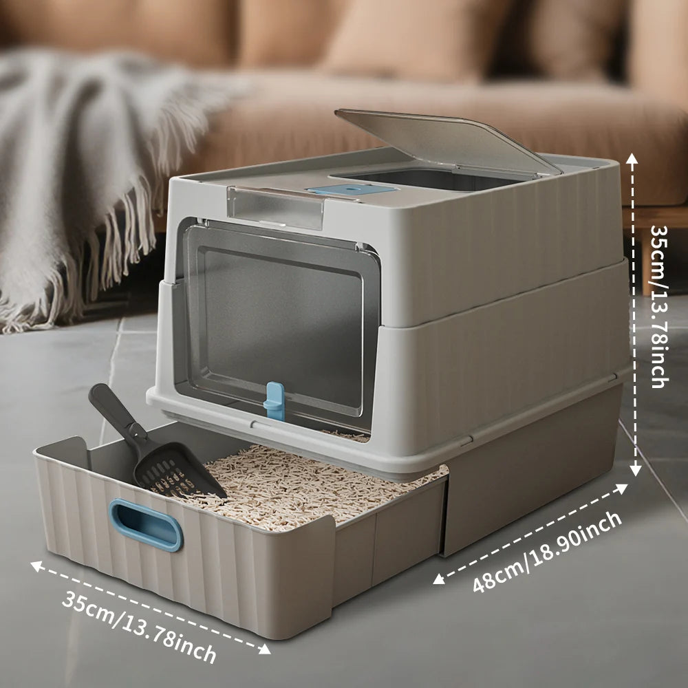 Dual Opening Fully Enclosed Cat Litter Box, Top Entry Anti-Tracking Design, Oversized Space Cat Potty with Cleaning Scoop