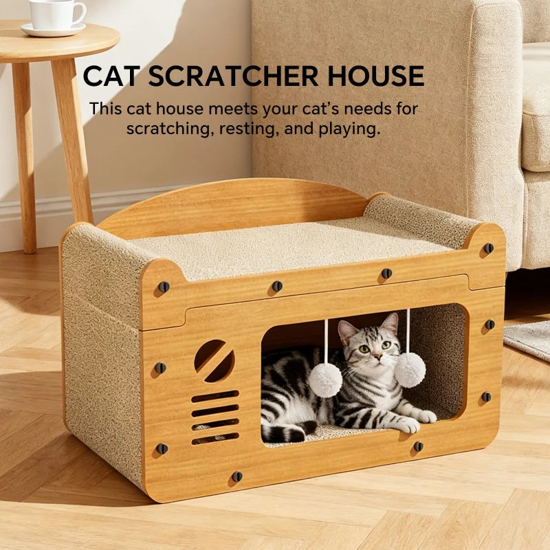 56Cm Double Layer Upgraded Cat Scratcher Sofa, TV Shape Cat Bed with 2 Teaser Balls, for Large Cats up to 20Lbs