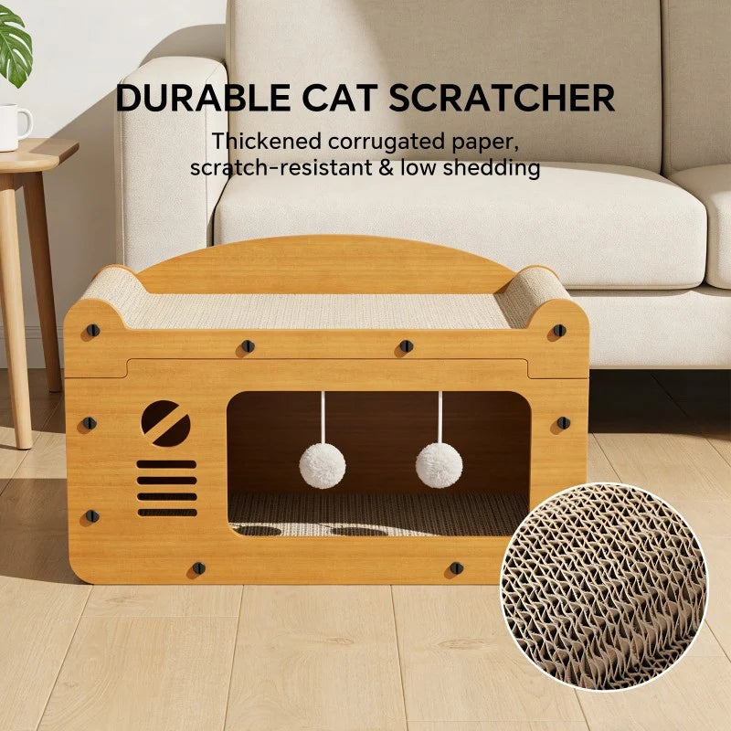 56Cm Double Layer Upgraded Cat Scratcher Sofa, TV Shape Cat Bed with 2 Teaser Balls, for Large Cats up to 20Lbs