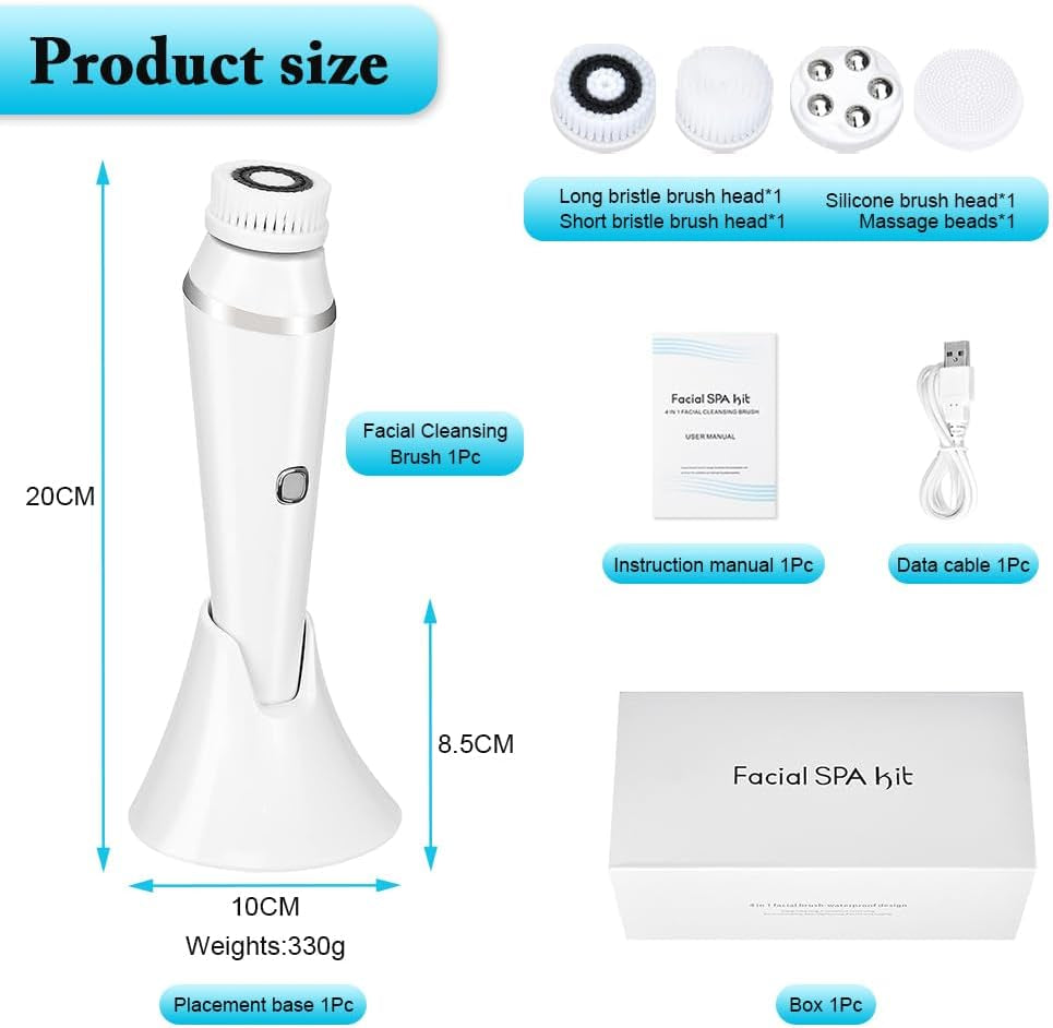 Spazzola Pulizia Viso Elettrica, Ricaricabile 4-In-1 Spazzola per La Pulizia Del Viso Impermeabile IPX7 Massaggiatore Viso Spazzola Pulizia Viso per Ogni Tipo Di Pelle per Pulizia Viso