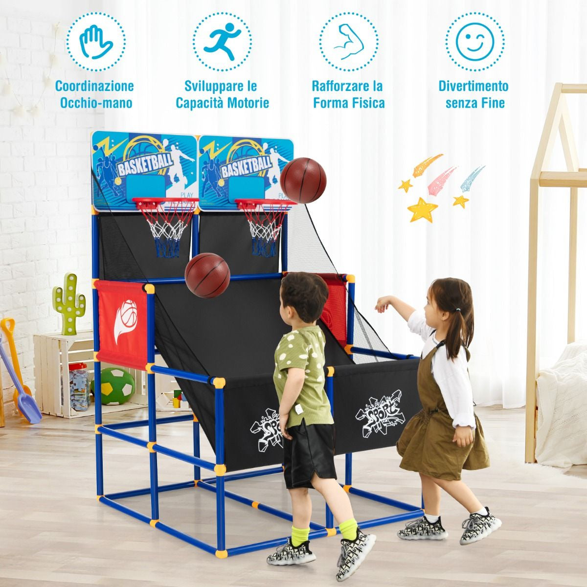 Gioco Arcade Di Pallacanestro Con 4 Palline E Pompa Di Gonfiaggio, Pallacanestro a Doppio Tiro per Bambini